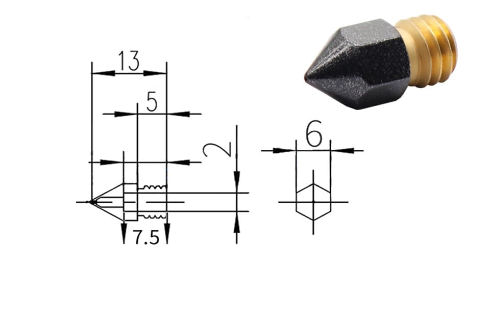 Teflon Coated Nozzle 0.4mm for 3D Printer MK8 Hotend CR8/10 - Angle & Detail View | Superb Tech India